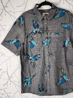 Distillery Colorful Tropical Bird Print Cotton Button Front Shirt